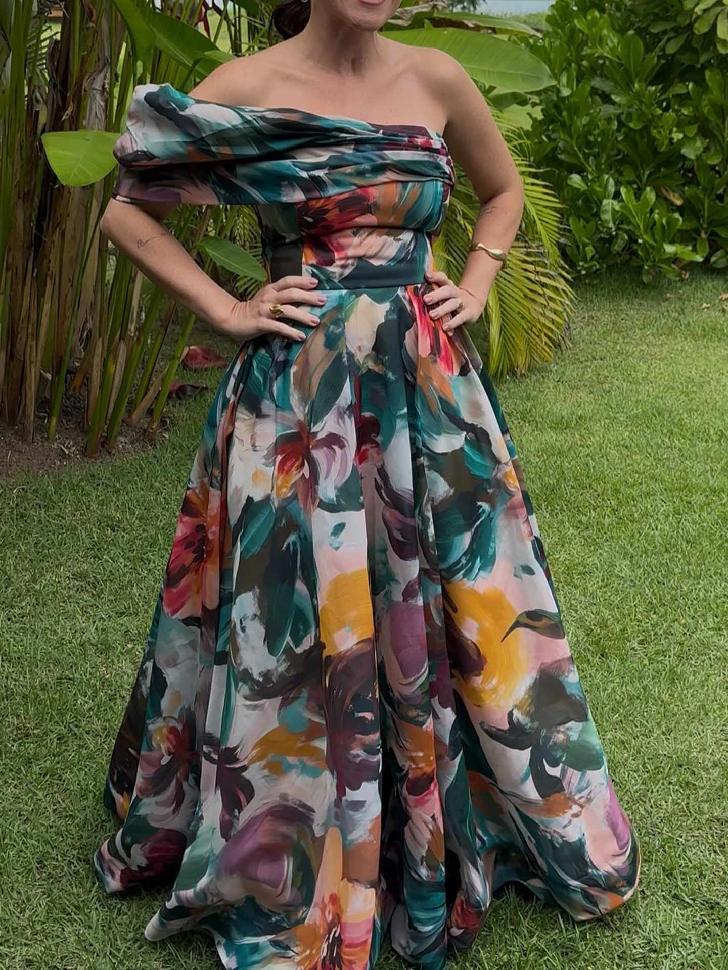 A-Line Off-The-Shoulder Sleeveless Floor-Length Chiffon Evening Dresses With Floral-Print
