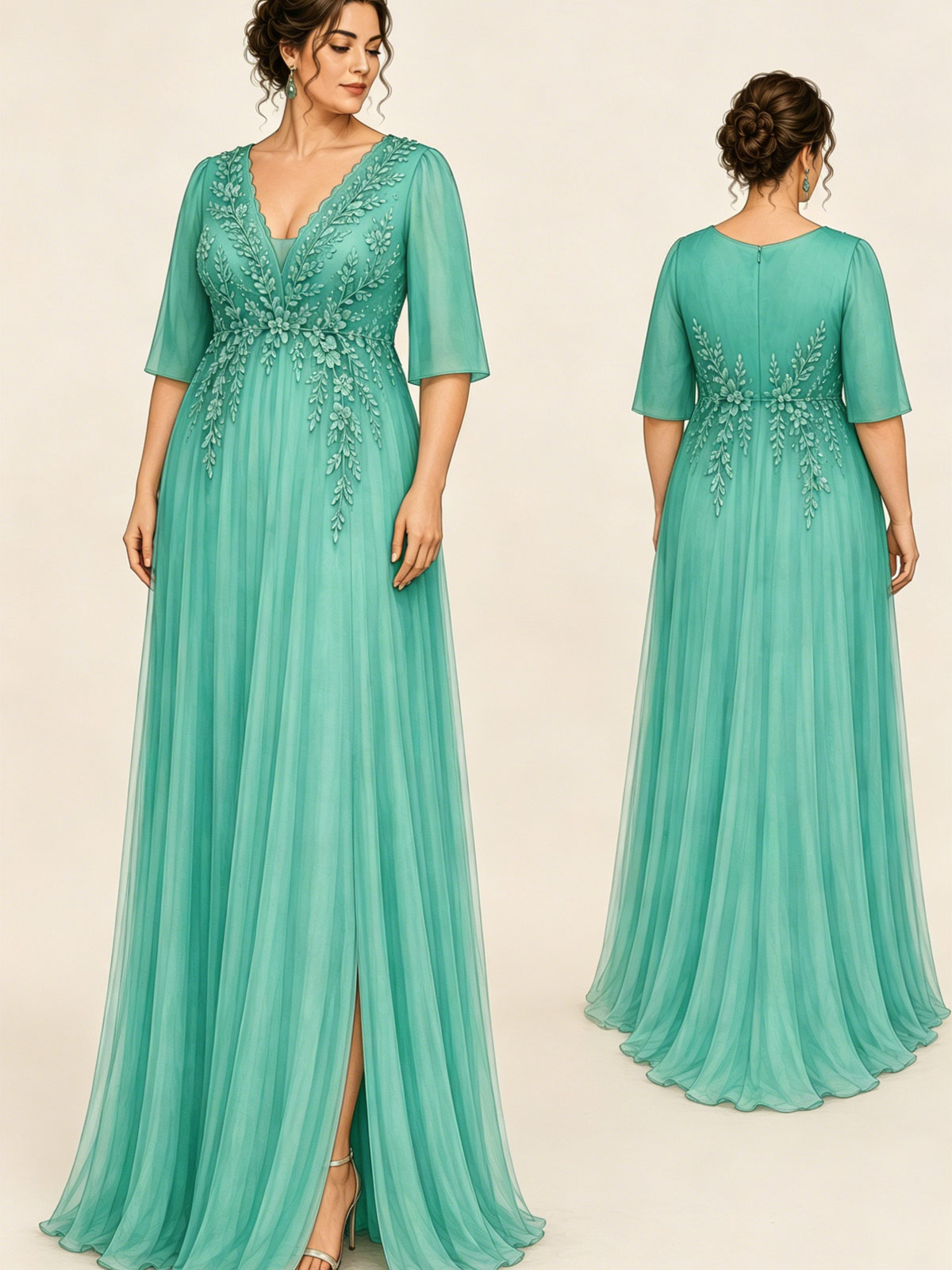 Sheath/Column V-Neck 1/2 Sleeves Sweep Train Chiffon/Tulle Evening Dresses With Appliques Lace