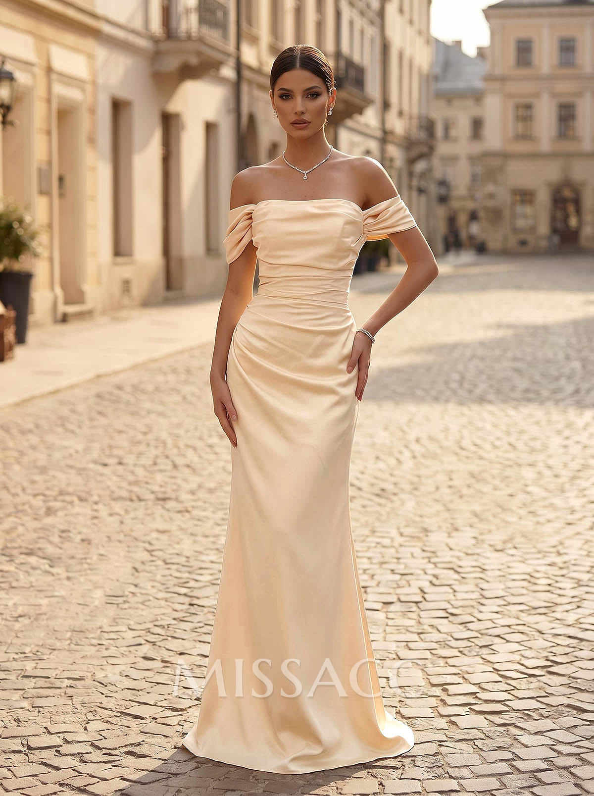 Sheath/Column Off-The-Shoulder Floor-Length Charmeuse Evening Dresses