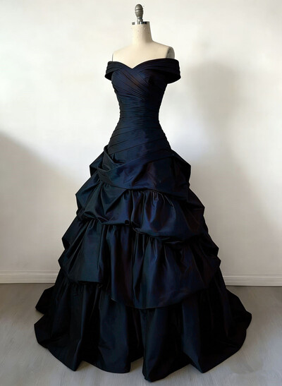 Sheath/Column Off-The-Shoulder Sleeveless Sweep Train Matte Satin Evening Dresses With Cascading Ruffles