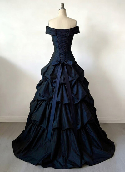Sheath/Column Off-The-Shoulder Sleeveless Sweep Train Matte Satin Evening Dresses With Cascading Ruffles