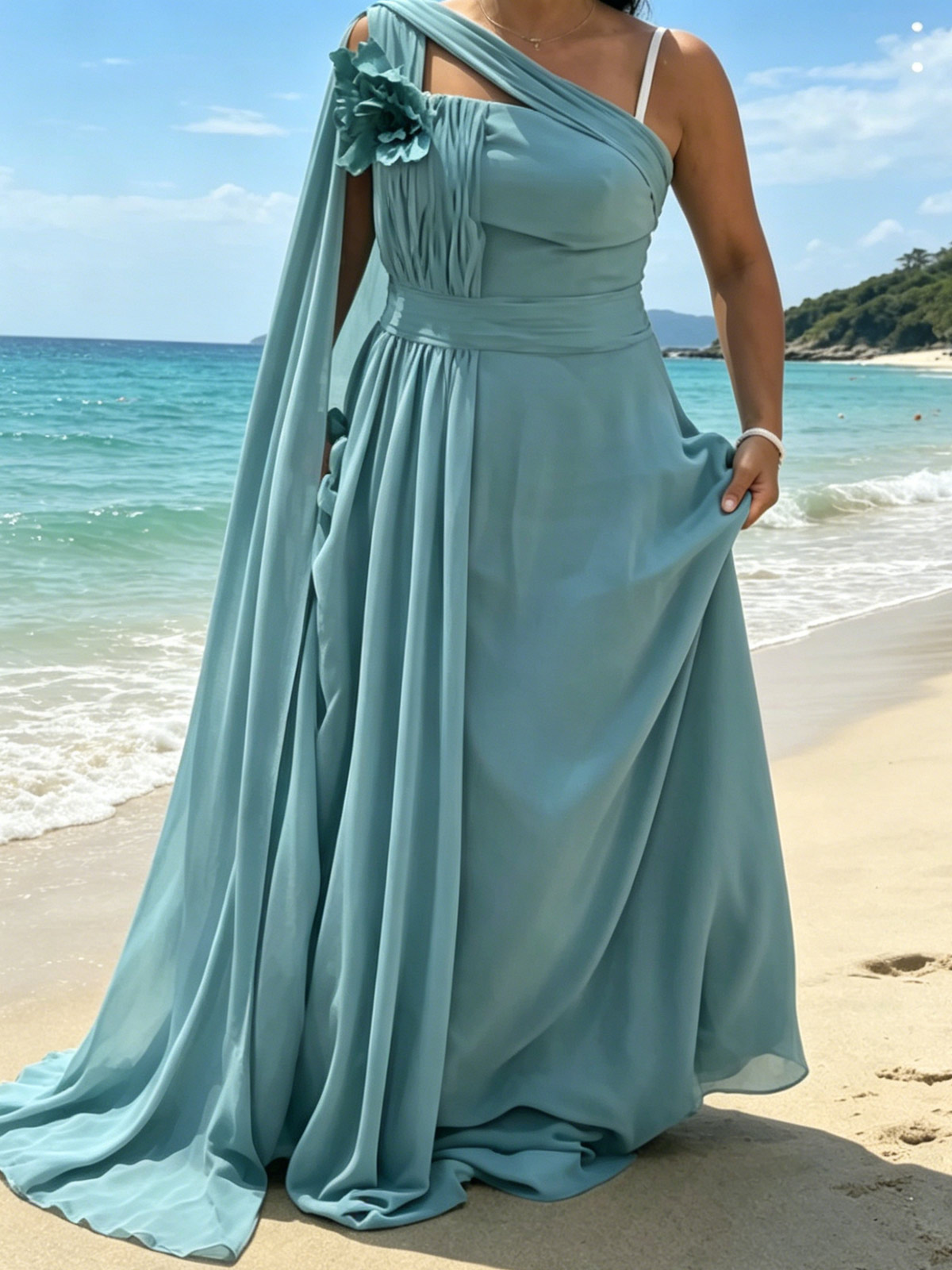 Sheath/Column One-Shoulder Sleeveless Court Train Chiffon Evening Dresses With Flower(s)/Sweeping Side Drape
