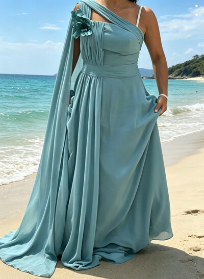 Sheath/Column One-Shoulder Sleeveless Court Train Chiffon Evening Dresses With Flower(s)/Sweeping Side Drape