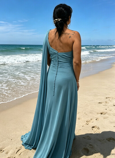 Sheath/Column One-Shoulder Sleeveless Court Train Chiffon Evening Dresses With Flower(s)/Sweeping Side Drape