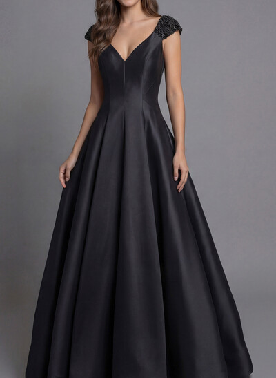 Ball-Gown V-Neck Sleeveless Floor-Length Satin Evening Dresses With Beading