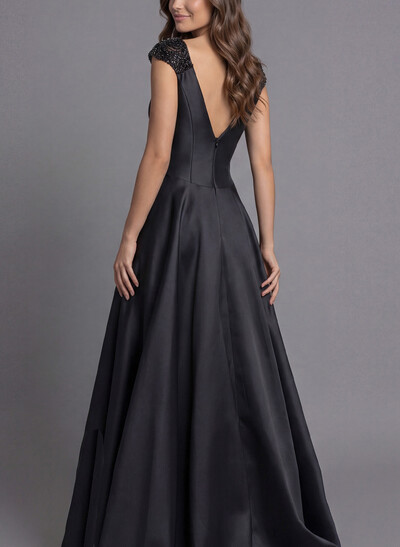 Ball-Gown V-Neck Sleeveless Floor-Length Satin Evening Dresses With Beading