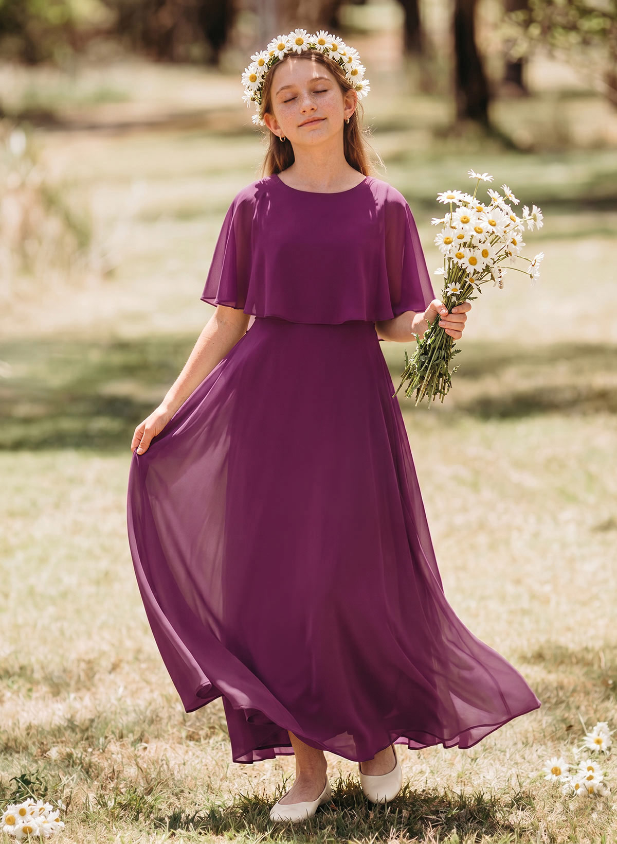 A-Line Scoop Neck 1/2 Sleeves Floor-Length Chiffon Junior Bridesmaid Dresses
