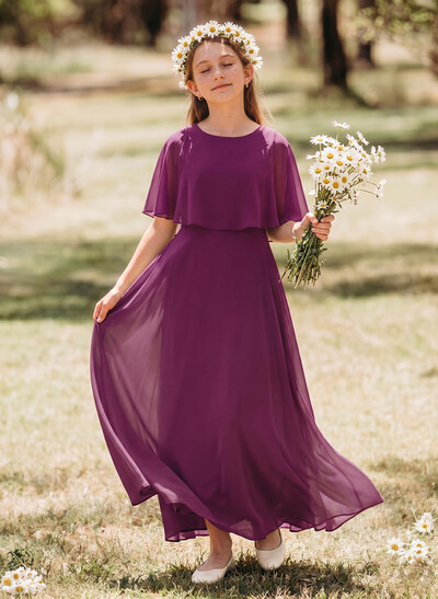 A-Line Scoop Neck 1/2 Sleeves Floor-Length Chiffon Junior Bridesmaid Dresses