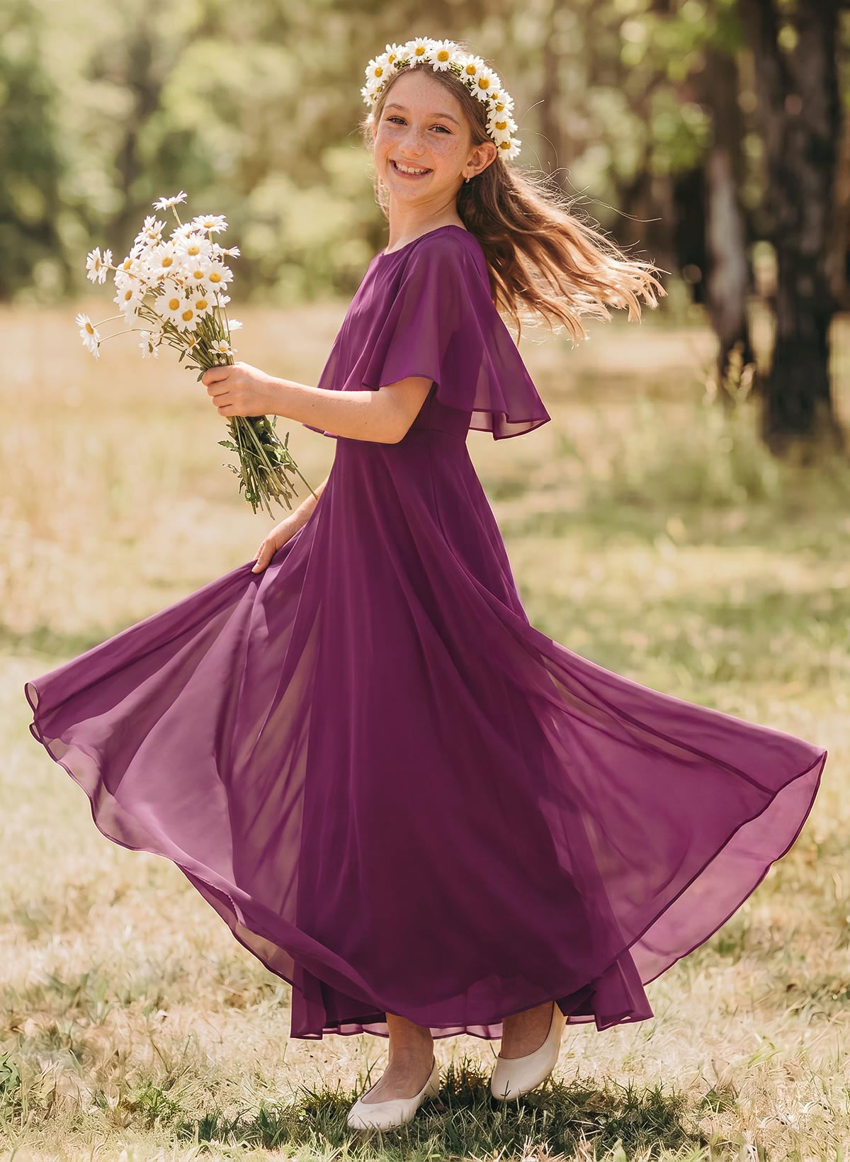 A-Line Scoop Neck 1/2 Sleeves Floor-Length Chiffon Junior Bridesmaid Dresses