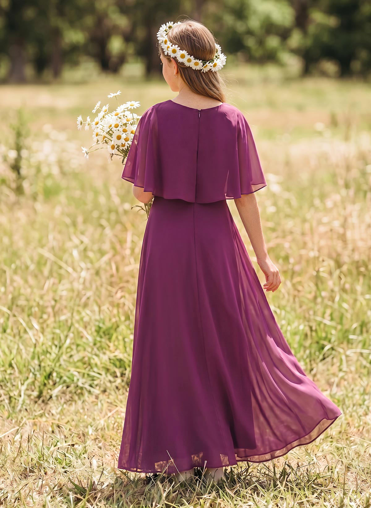 A-Line Scoop Neck 1/2 Sleeves Floor-Length Chiffon Junior Bridesmaid Dresses