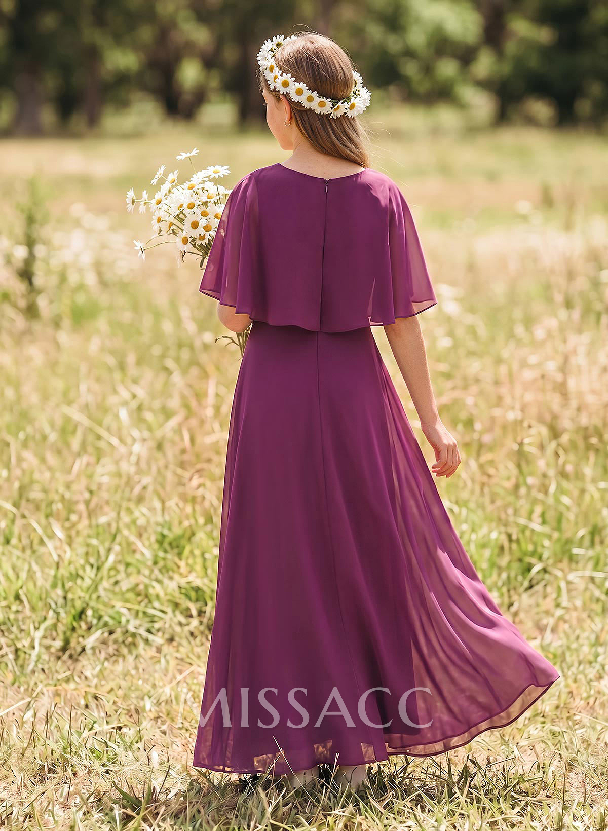 Simple A-Line Scoop Neck Cape Sleeves Floor-Length Chiffon Junior Bridesmaid Dresses