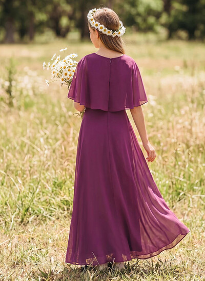 Simple A-Line Scoop Neck Cape Sleeves Floor-Length Chiffon Junior Bridesmaid Dresses