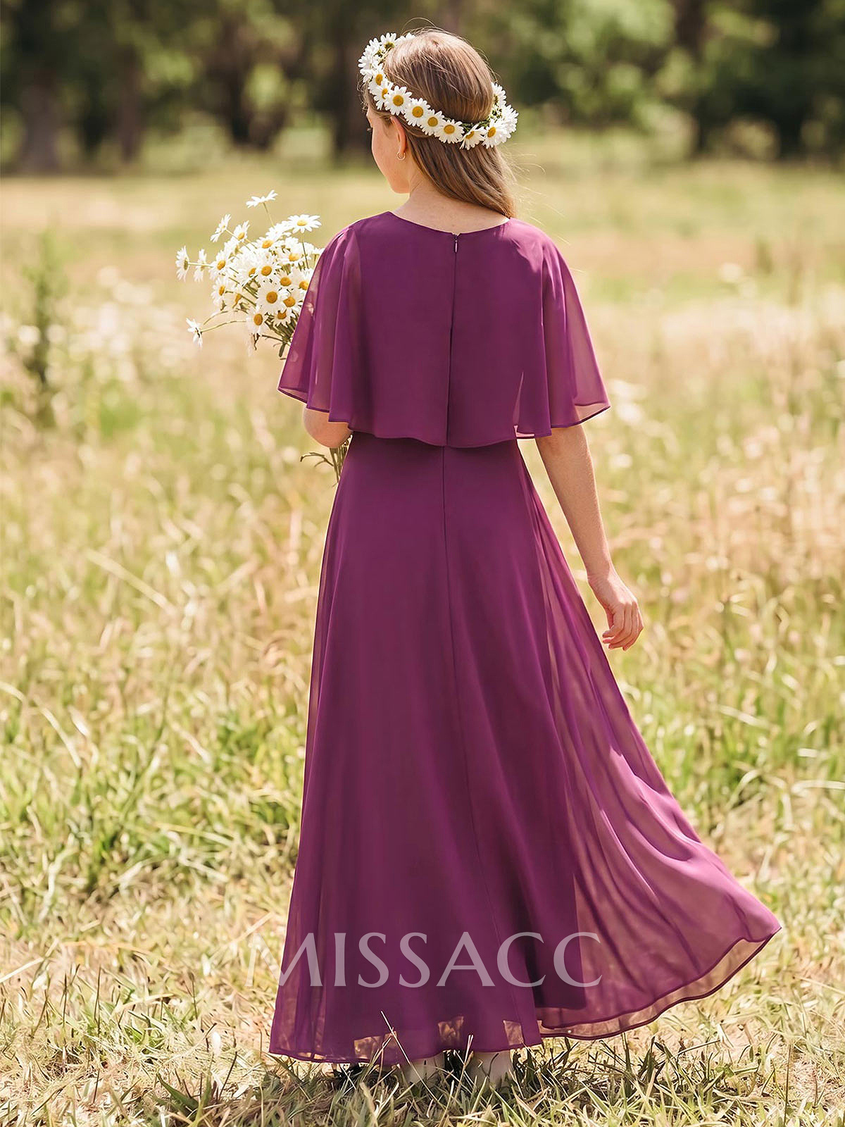 Simple A-Line Scoop Neck Cape Sleeves Floor-Length Chiffon Junior Bridesmaid Dresses