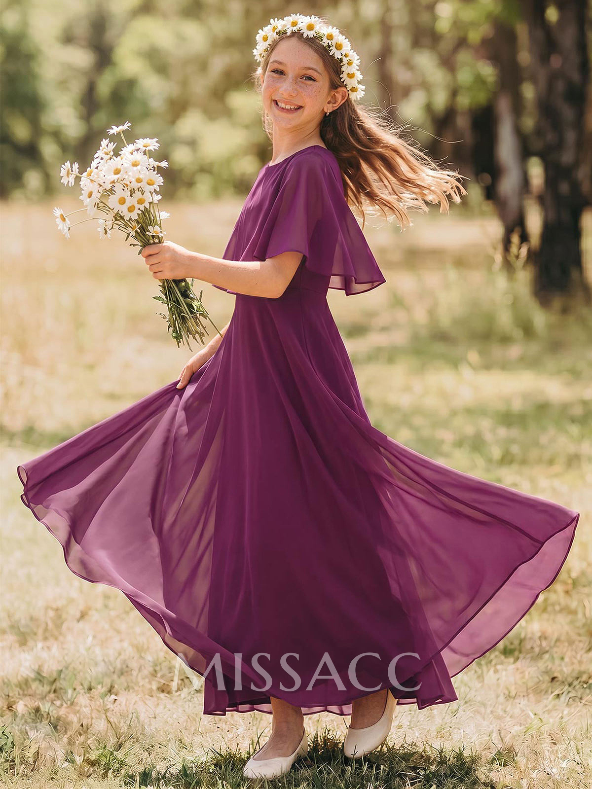 Simple A-Line Scoop Neck Cape Sleeves Floor-Length Chiffon Junior Bridesmaid Dresses