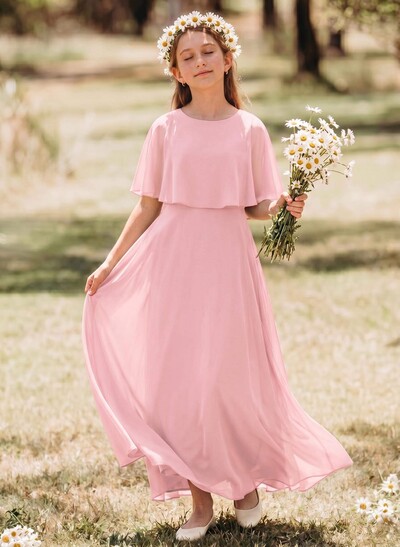 Simple A-Line Scoop Neck Cape Sleeves Floor-Length Chiffon Junior Bridesmaid Dresses