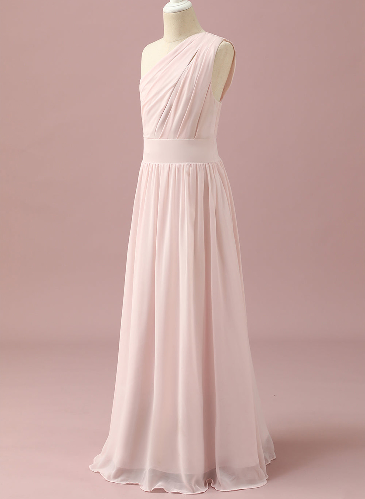 A-Line One-Shoulder Sleeveless Floor-Length Chiffon Junior Bridesmaid Dresses
