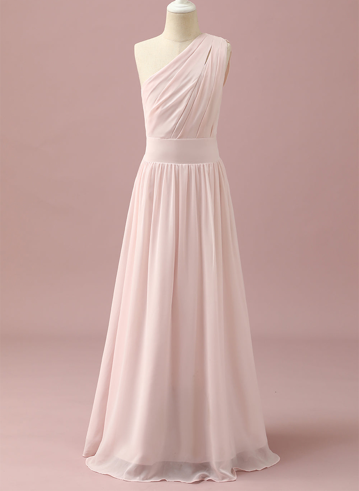 A-Line One-Shoulder Sleeveless Floor-Length Chiffon Junior Bridesmaid Dresses