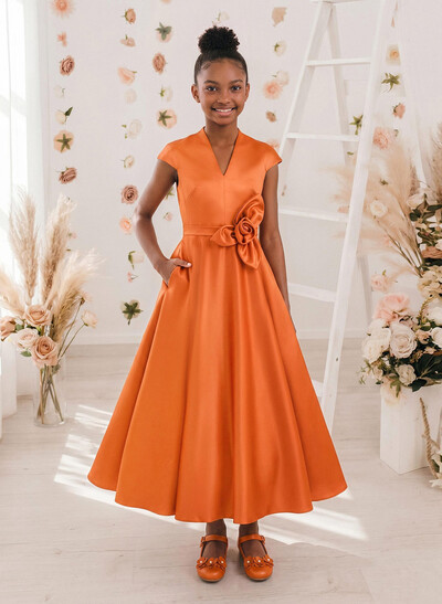 A-Line V-Neck Short Sleeves Ankle-Length Satin Junior Bridesmaid Dresses