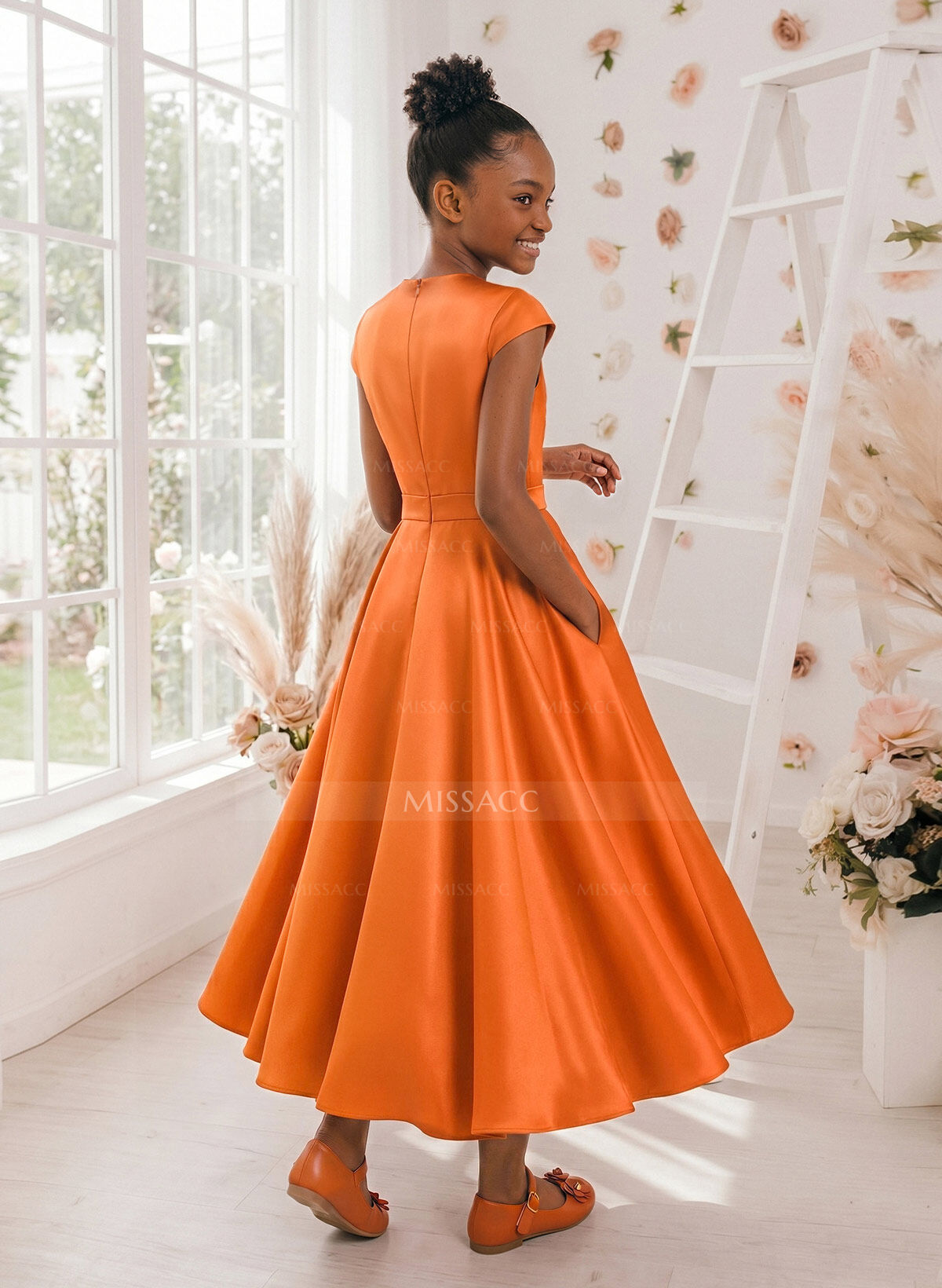 A-Line V-Neck Short Sleeves Ankle-Length Satin Junior Bridesmaid Dresses