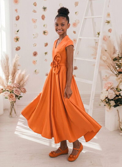A-Line V-Neck Short Sleeves Ankle-Length Satin Junior Bridesmaid Dresses With Flower(s)
