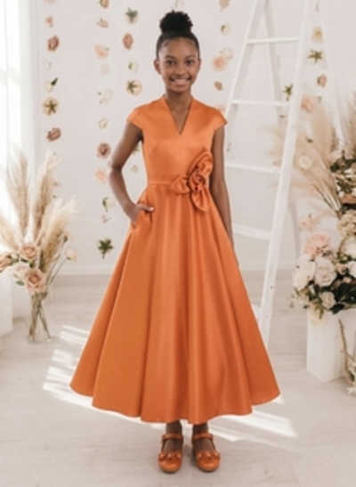 A-Line V-Neck Short Sleeves Ankle-Length Satin Junior Bridesmaid Dresses With Flower(s)