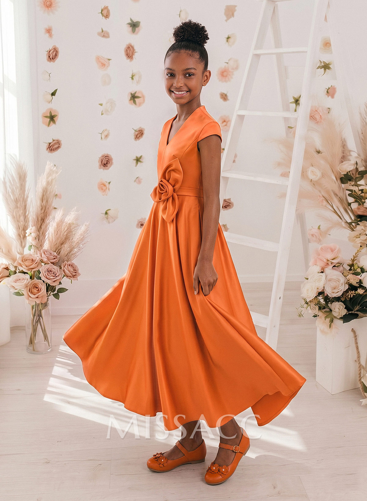 A-Line V-Neck Short Sleeves Ankle-Length Satin Junior Bridesmaid Dresses With Flower(s)