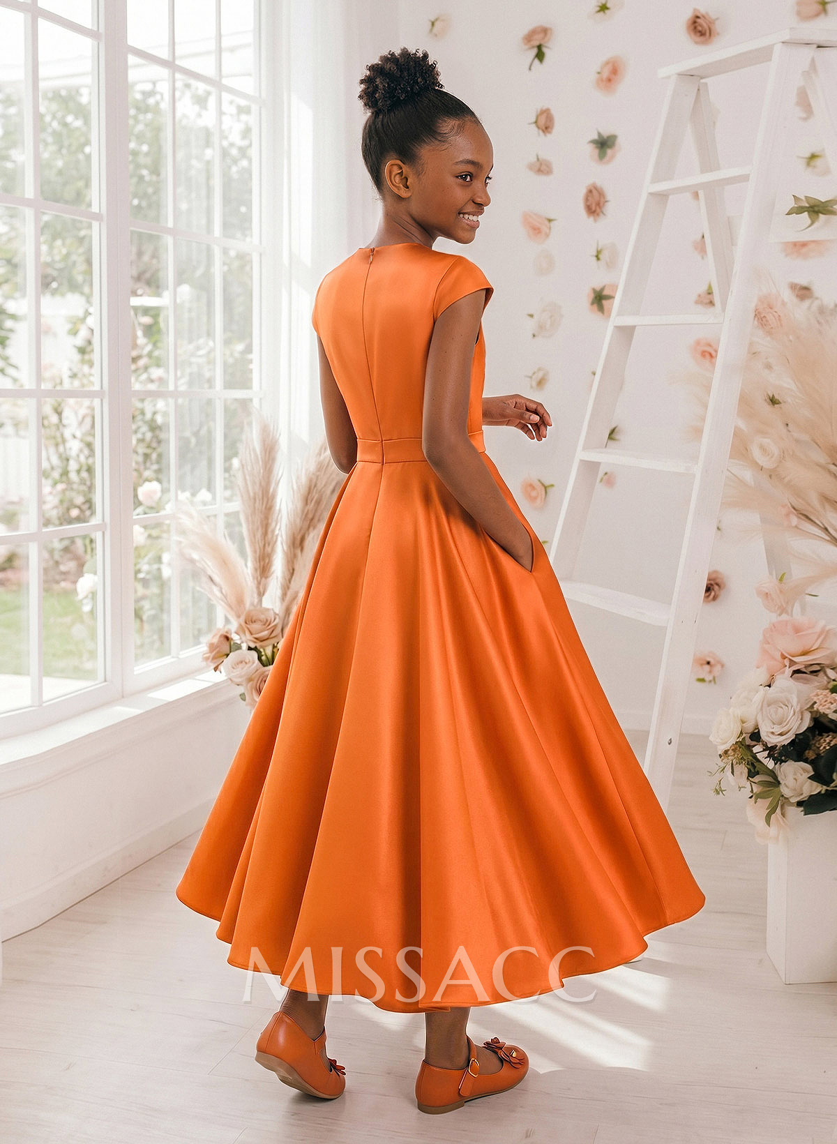 A-Line V-Neck Short Sleeves Ankle-Length Satin Junior Bridesmaid Dresses With Flower(s)