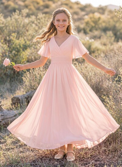 Sweet&Flow A-Line V-Neck Short Sleeves Floor-Length Chiffon Junior Bridesmaid Dresses
