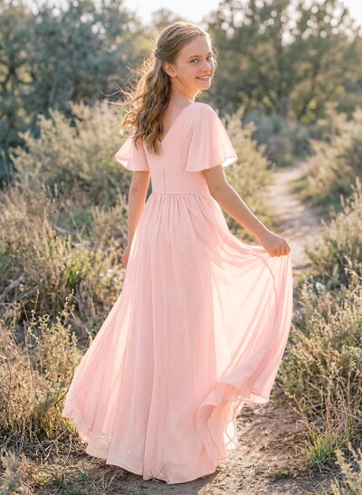 Sweet&Flow A-Line V-Neck Short Sleeves Floor-Length Chiffon Junior Bridesmaid Dresses