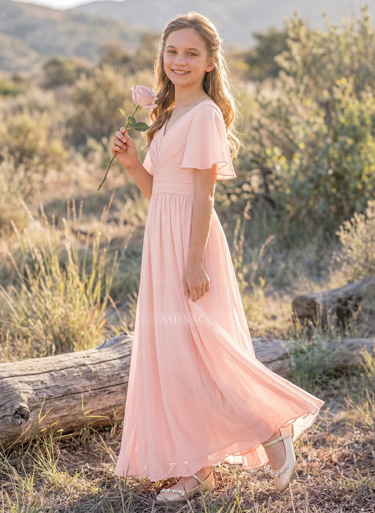 Sweet&Flow A-Line V-Neck Short Sleeves Floor-Length Chiffon Junior Bridesmaid Dresses