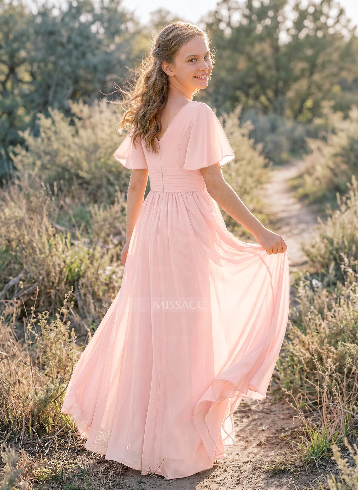 Sweet&Flow A-Line V-Neck Short Sleeves Floor-Length Chiffon Junior Bridesmaid Dresses