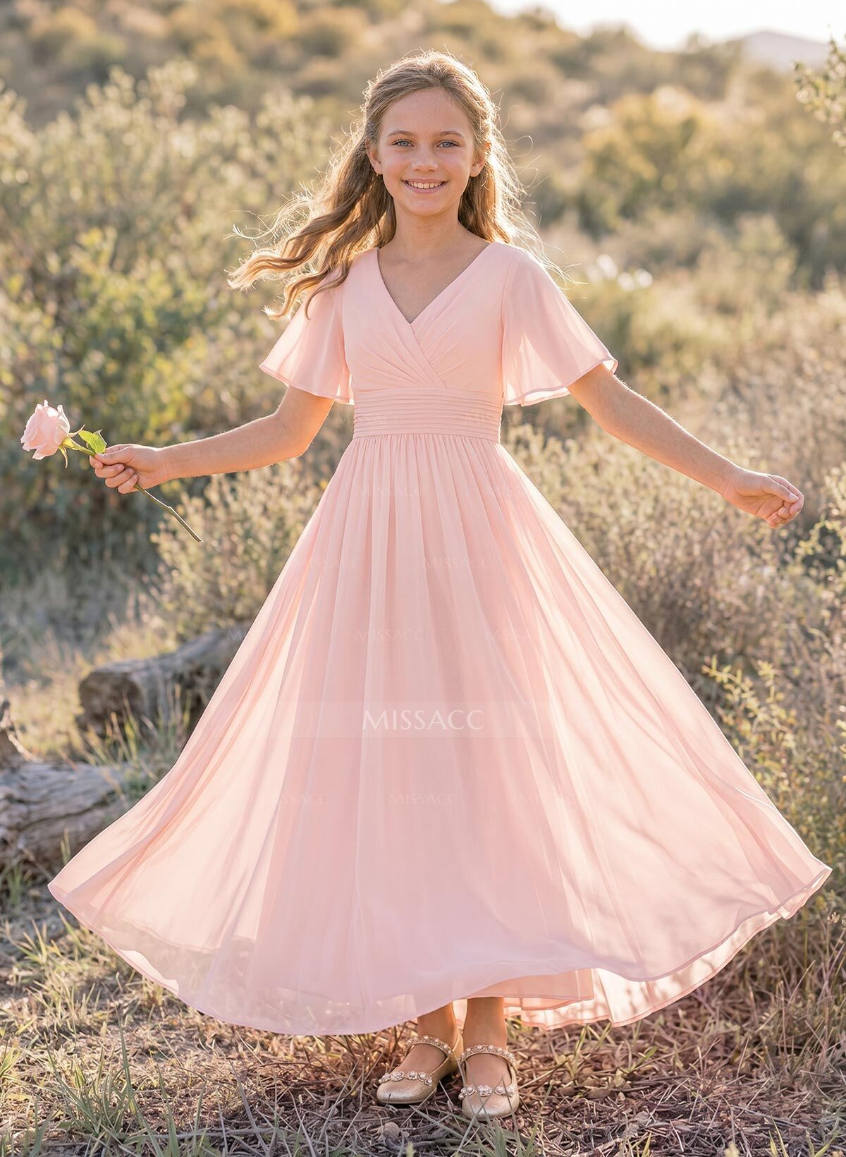 Sweet&Flow A-Line V-Neck Short Sleeves Floor-Length Chiffon Junior Bridesmaid Dresses