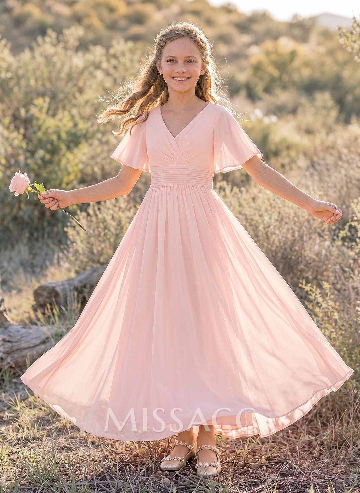Sweet&Flow A-Line V-Neck Short Sleeves Floor-Length Chiffon Junior Bridesmaid Dresses