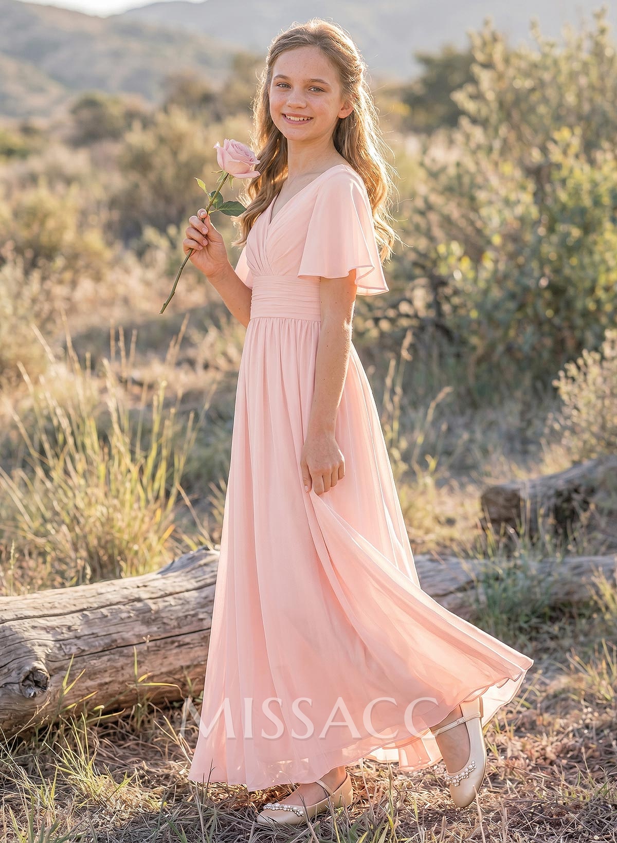 Sweet&Flow A-Line V-Neck Short Sleeves Floor-Length Chiffon Junior Bridesmaid Dresses