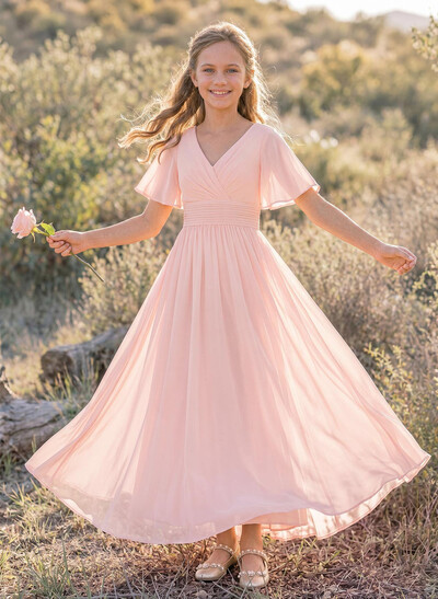 Sweet&Flow A-Line V-Neck Short Sleeves Floor-Length Chiffon Junior Bridesmaid Dresses
