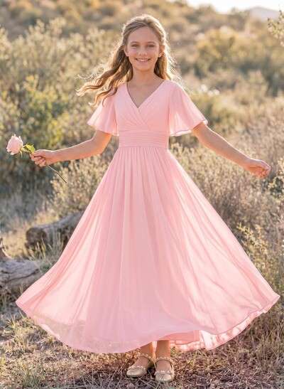 Sweet&Flow A-Line V-Neck Short Sleeves Floor-Length Chiffon Junior Bridesmaid Dresses