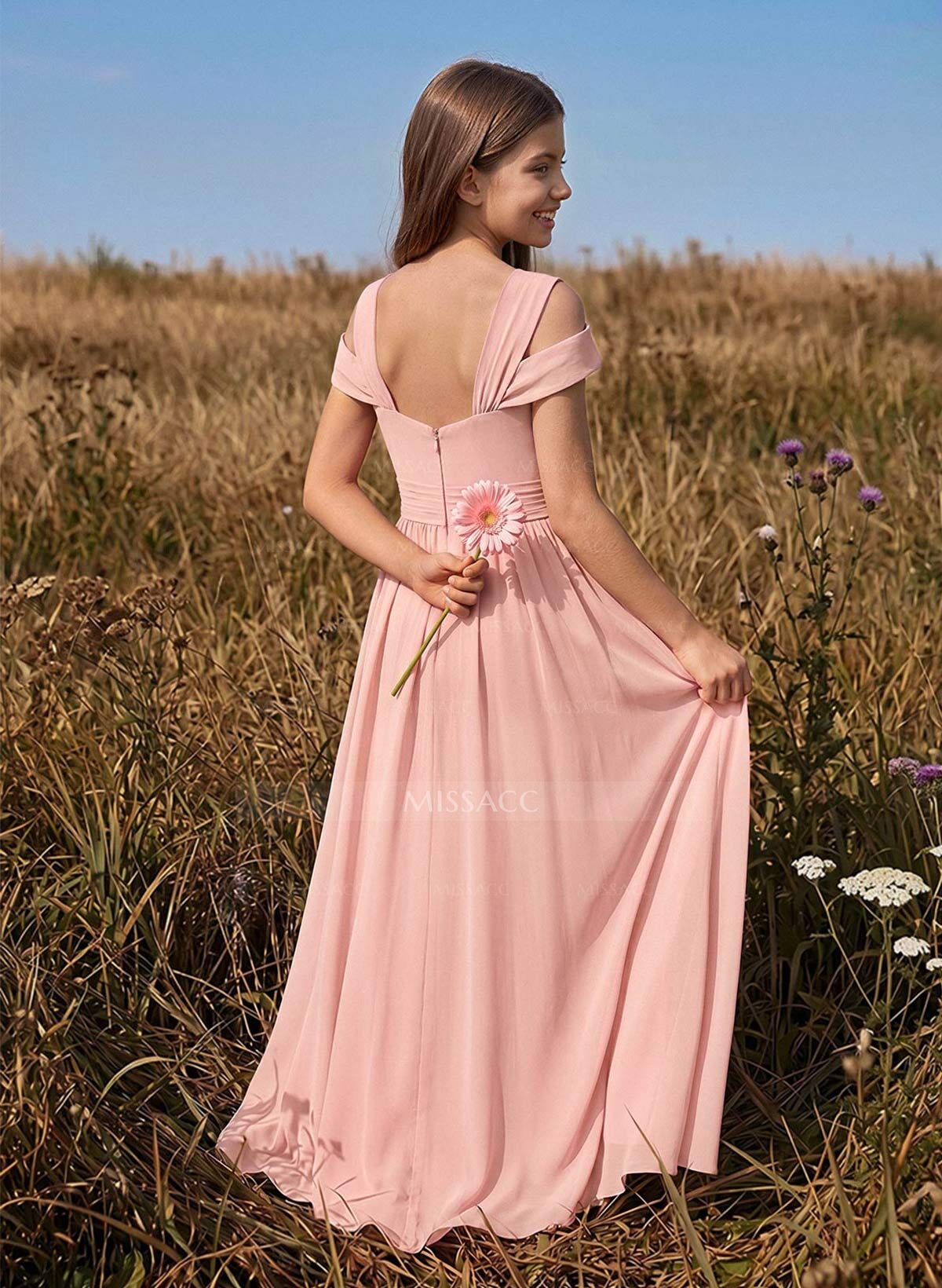 A-Line V-Neck Sleeveless Floor-Length Chiffon Junior Bridesmaid Dresses