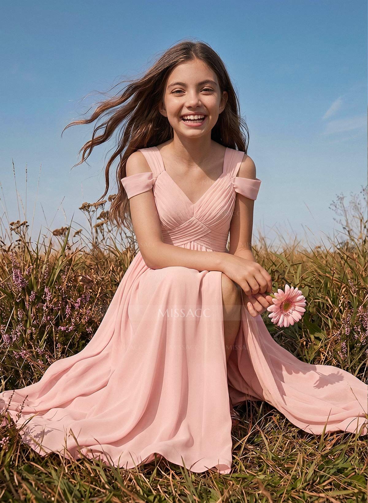 A-Line V-Neck Sleeveless Floor-Length Chiffon Junior Bridesmaid Dresses