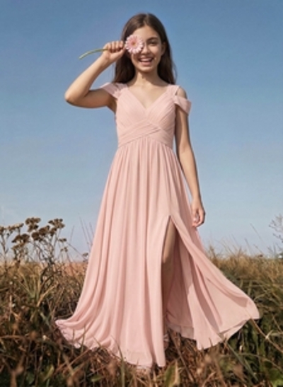 A-Line V-Neck Sleeveless Floor-Length Chiffon Junior Bridesmaid Dresses With High Split