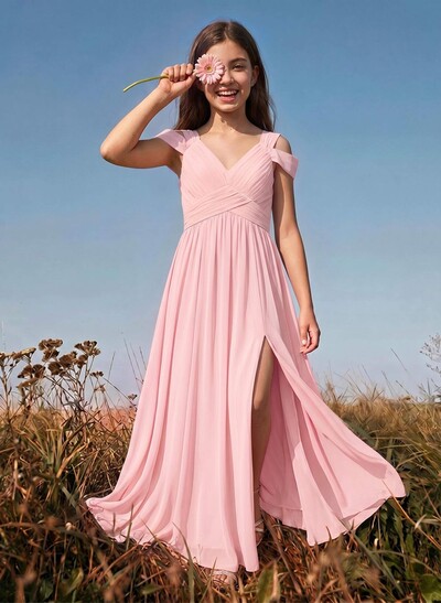 A-Line V-Neck Sleeveless Floor-Length Chiffon Junior Bridesmaid Dresses With High Split