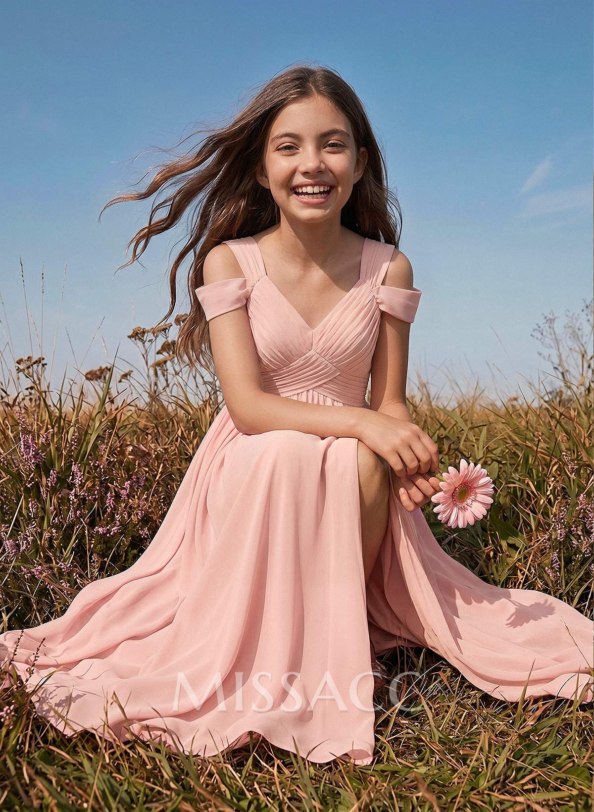 A-Line V-Neck Sleeveless Floor-Length Chiffon Junior Bridesmaid Dresses With High Split