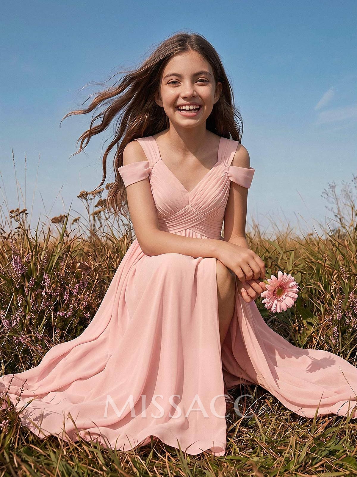 A-Line V-Neck Sleeveless Floor-Length Chiffon Junior Bridesmaid Dresses With High Split