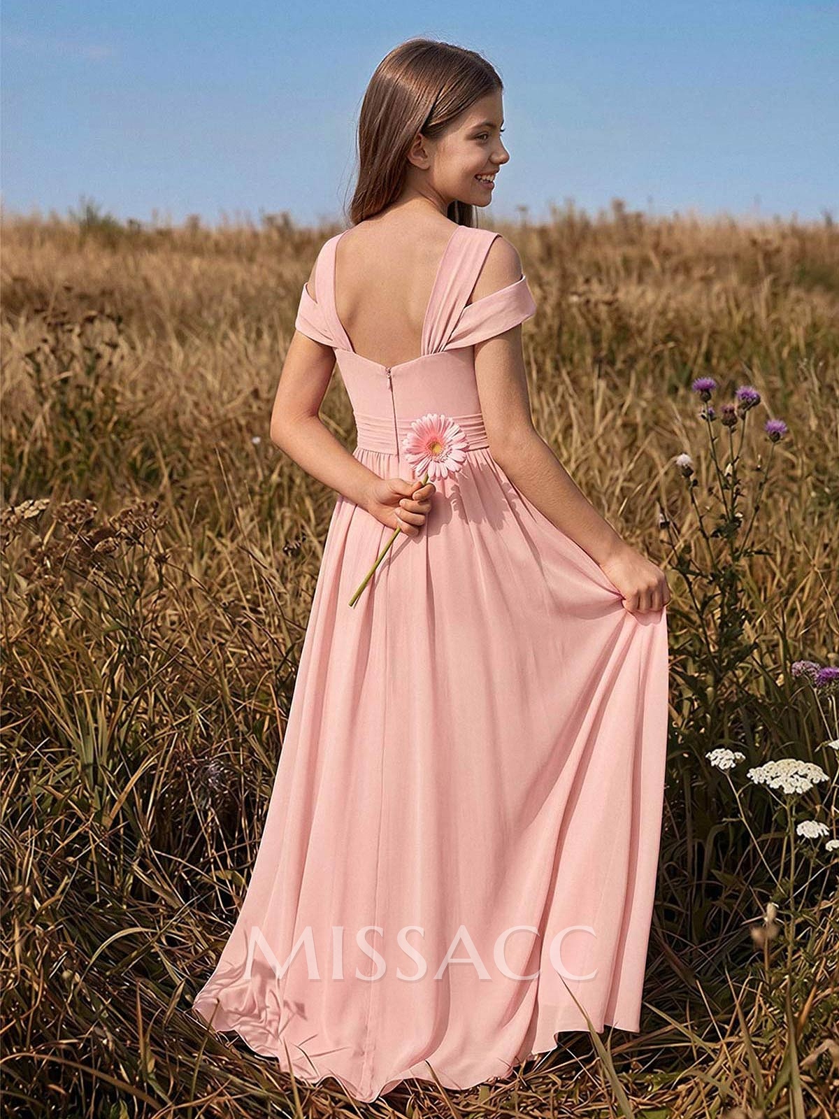 A-Line V-Neck Sleeveless Floor-Length Chiffon Junior Bridesmaid Dresses With High Split