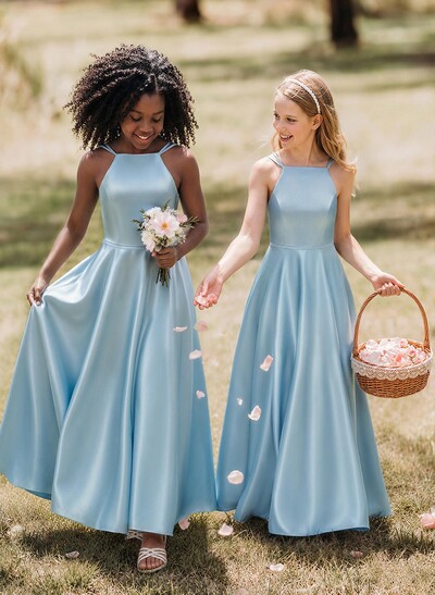 A-Line Square Neckline Sleeveless Ankle-Length Satin Junior Bridesmaid Dresses