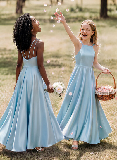 A-Line Square Neckline Sleeveless Ankle-Length Satin Junior Bridesmaid Dresses