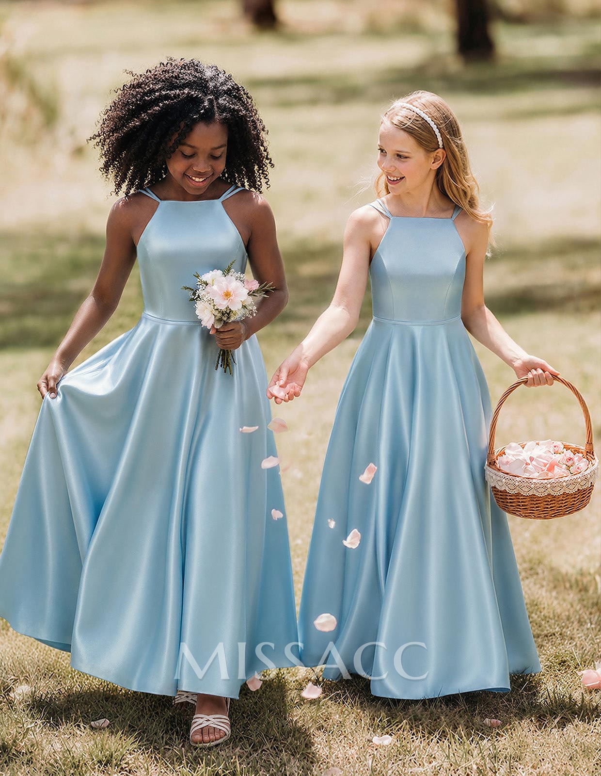 A-Line Square Neckline Sleeveless Ankle-Length Satin Junior Bridesmaid Dresses