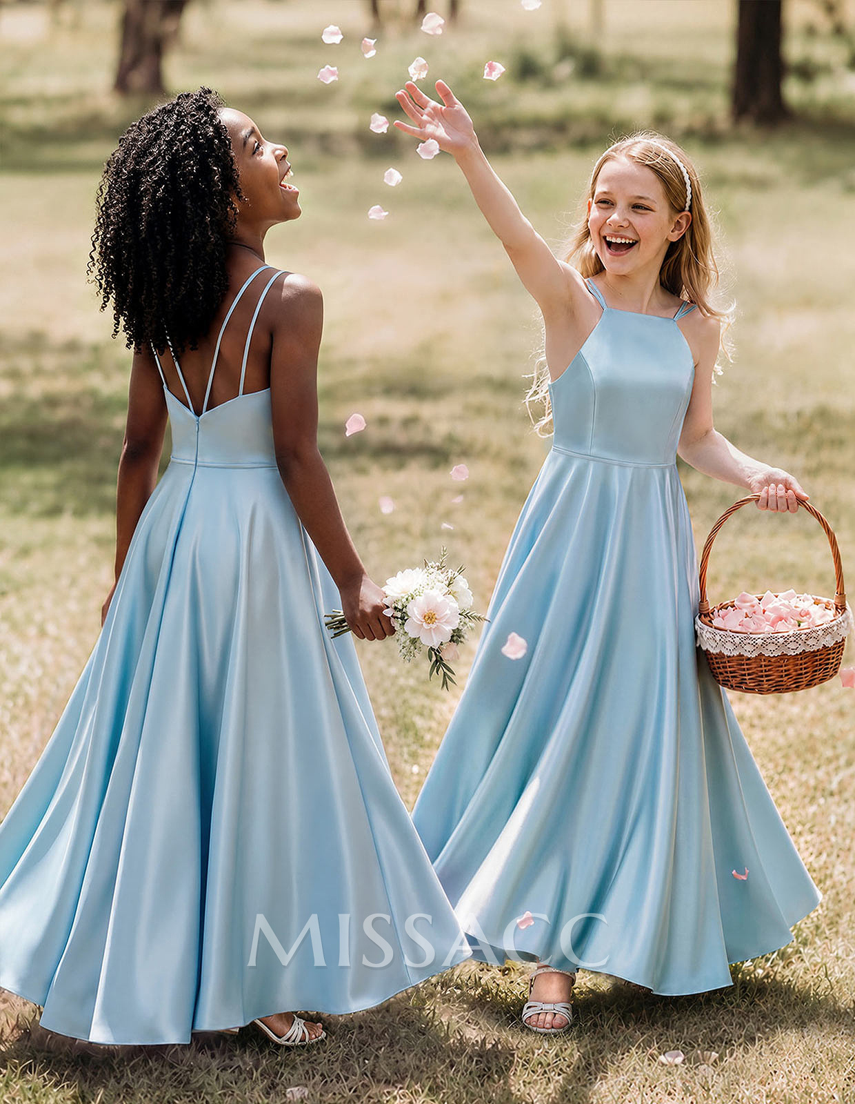 A-Line Square Neckline Sleeveless Ankle-Length Satin Junior Bridesmaid Dresses