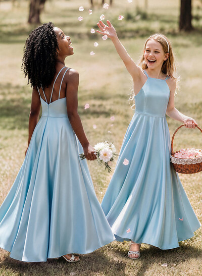 A-Line Square Neckline Sleeveless Ankle-Length Satin Junior Bridesmaid Dresses