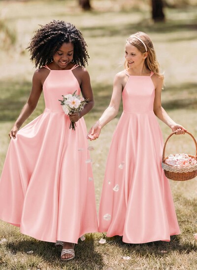 A-Line Square Neckline Sleeveless Ankle-Length Satin Junior Bridesmaid Dresses