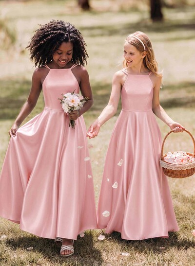 A-Line Square Neckline Sleeveless Ankle-Length Satin Junior Bridesmaid Dresses